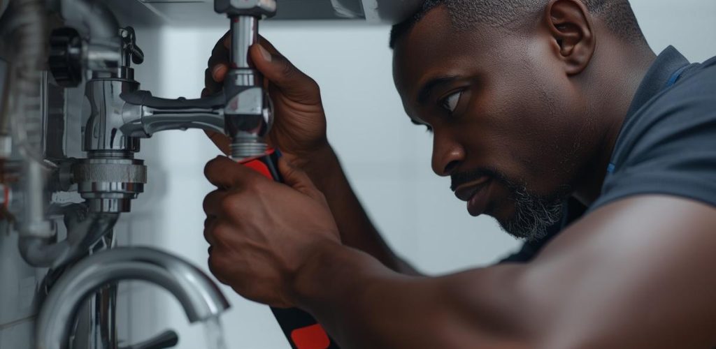 Plombier professionnel noir en action, travaillant sur des tuyaux, réparant un robinet ou une installation sanitaire, en train de travailler, style photo réaliste, format bannière horizontale (1)